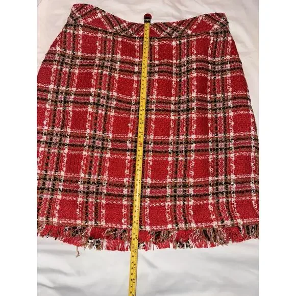 Ann Taylor Plaid Fringe Tweed Skirt Classic Red 578511 Sz 4 Top Of Knee NWOT - Picture 14 of 16